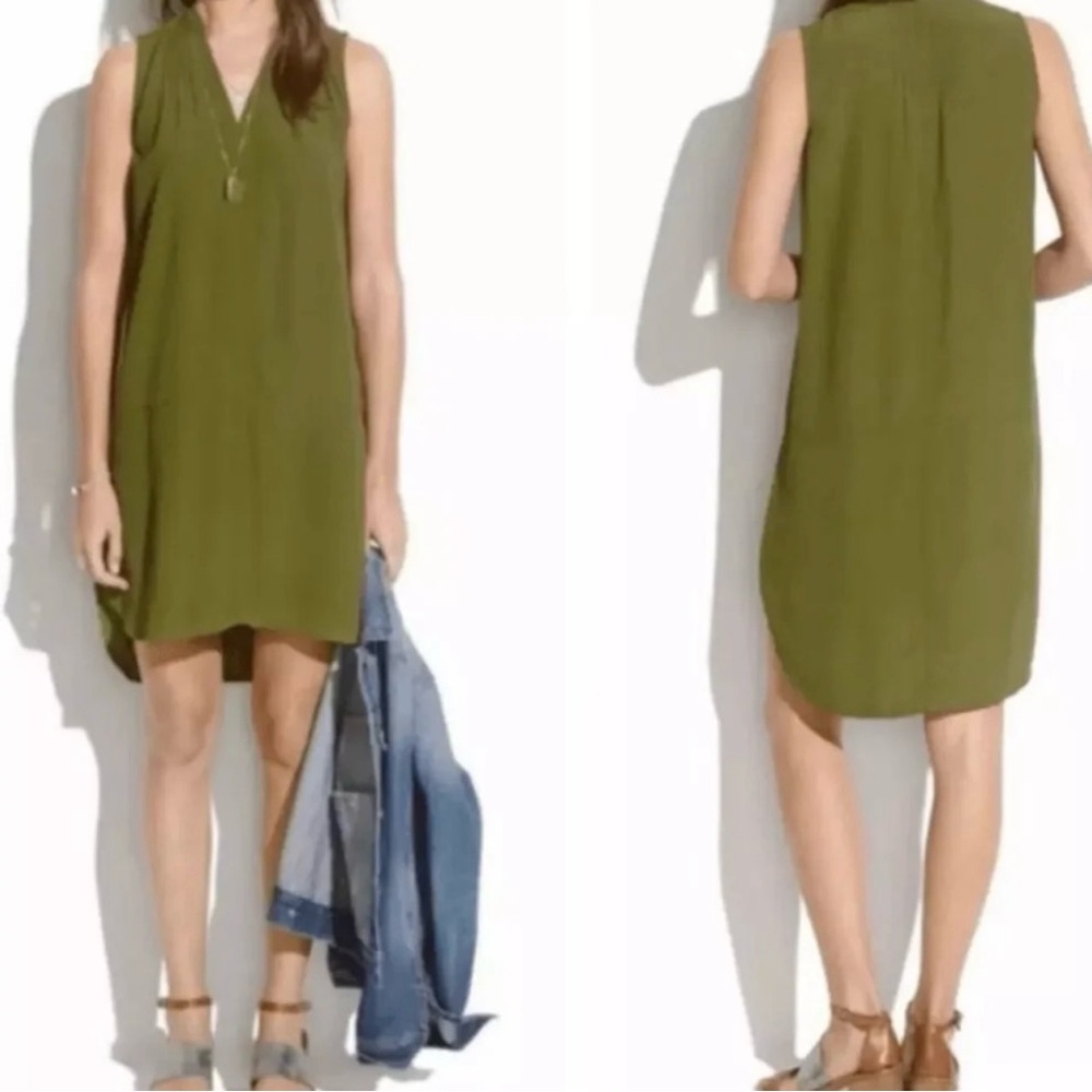 Madewell Fairsky Tunic Dress Shift Hi Lo Olive Green Sleeveless V-Neck 4 6 S